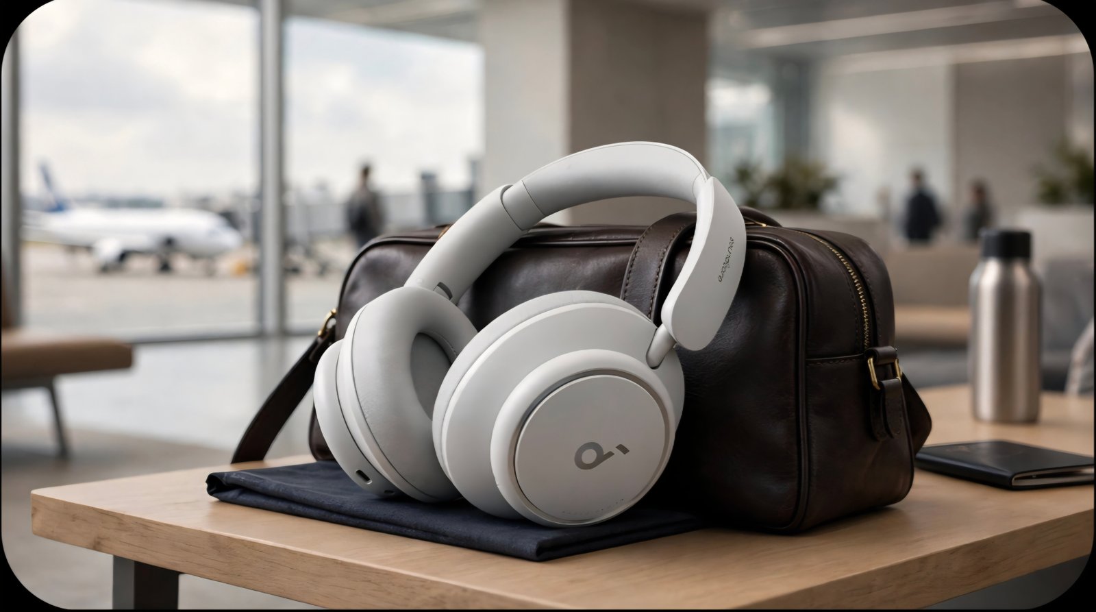 Anker Soundcore Space Q45 headphones resting on a leather travel bag in an airport lounge
